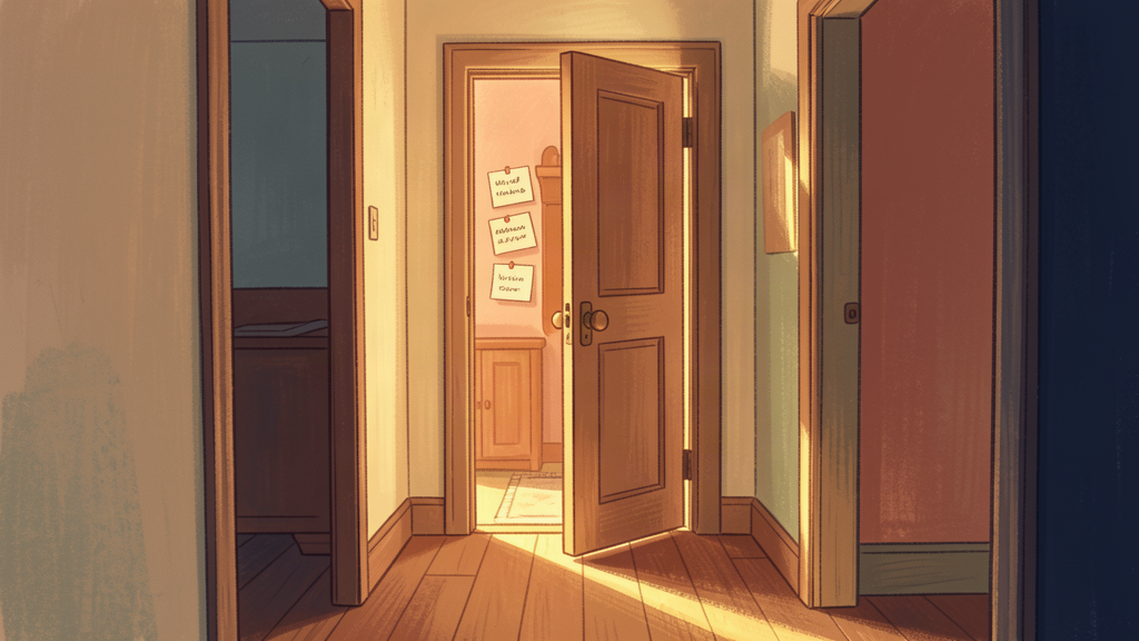 A closet door standing ajar with warm light spilling into a dark hallway