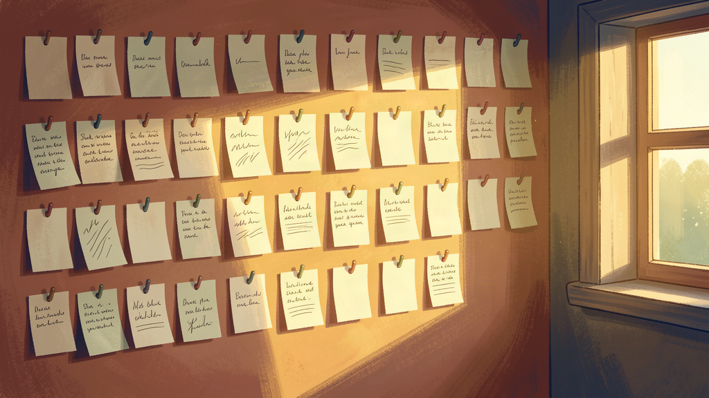 A wall covered in handwritten prayer cards in morning light