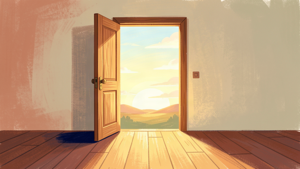 An open door with sunrise beyond it